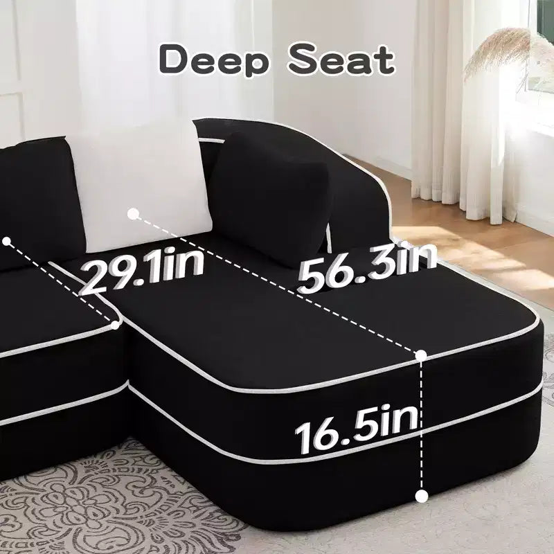 106 Teddy Fabric No Assembly 32D Boneless Sofa, Contrast Color Design, Fluffy Comfy Couch with L-Shaped Chaise, for Living Room