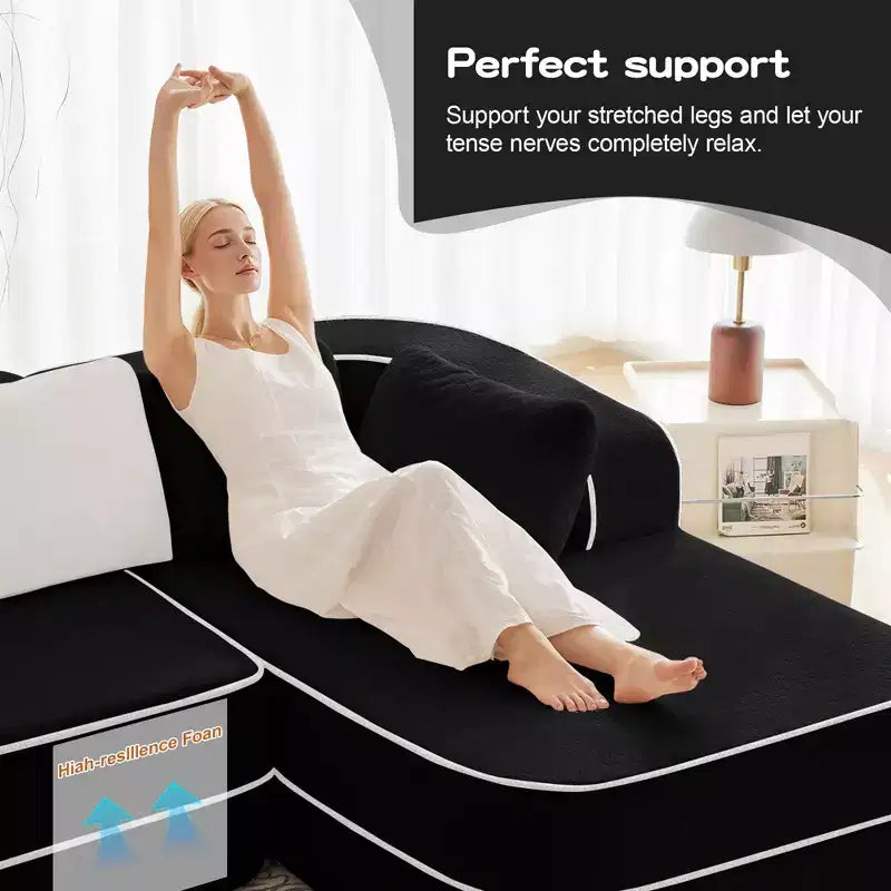 106 Teddy Fabric No Assembly 32D Boneless Sofa, Contrast Color Design, Fluffy Comfy Couch with L-Shaped Chaise, for Living Room