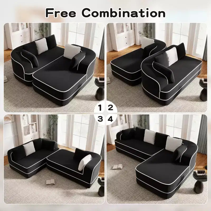 106 Teddy Fabric No Assembly 32D Boneless Sofa, Contrast Color Design, Fluffy Comfy Couch with L-Shaped Chaise, for Living Room