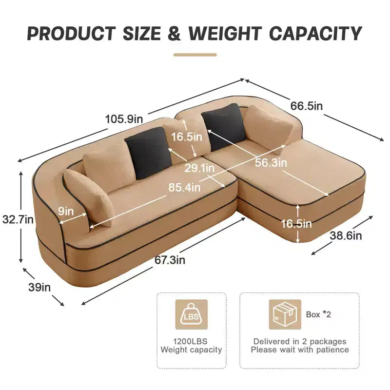 106 Teddy Fabric No Assembly 32D Boneless Sofa, Contrast Color Design, Fluffy Comfy Couch with L-Shaped Chaise, for Living Room