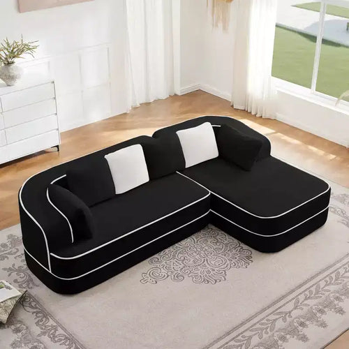 106 Teddy Fabric No Assembly 32D Boneless Sofa, Contrast Color Design, Fluffy Comfy Couch with L-Shaped Chaise, for Living Room