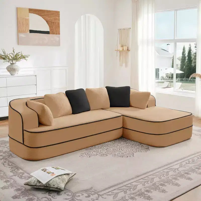 106 Teddy Fabric No Assembly 32D Boneless Sofa, Contrast Color Design, Fluffy Comfy Couch with L-Shaped Chaise, for Living Room
