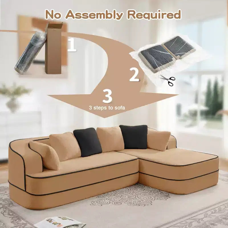 106 Teddy Fabric No Assembly 32D Boneless Sofa, Contrast Color Design, Fluffy Comfy Couch with L-Shaped Chaise, for Living Room