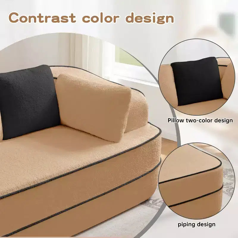 106 Teddy Fabric No Assembly 32D Boneless Sofa, Contrast Color Design, Fluffy Comfy Couch with L-Shaped Chaise, for Living Room