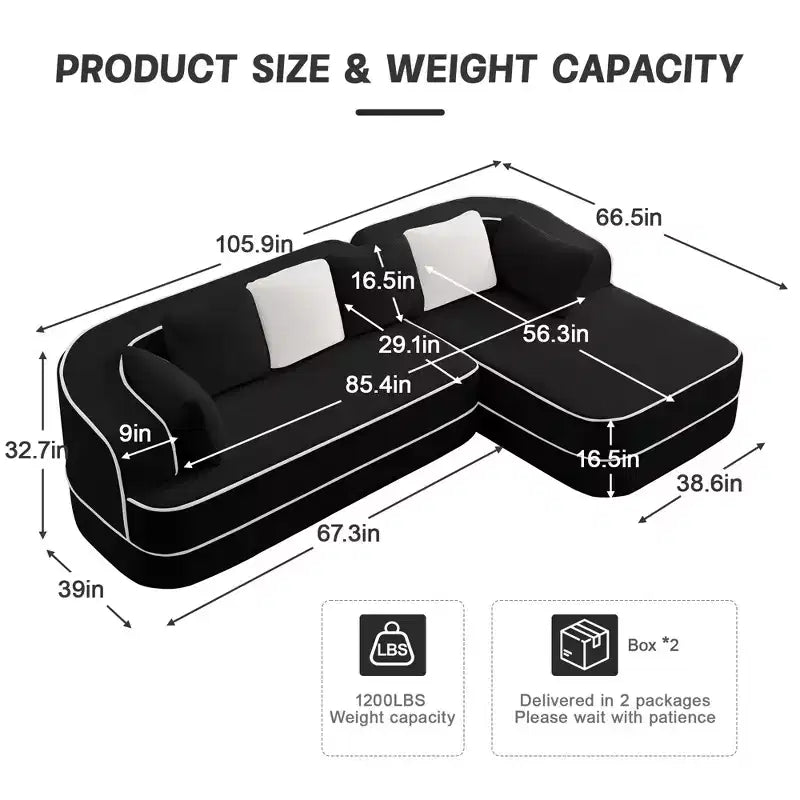 106 Teddy Fabric No Assembly 32D Boneless Sofa, Contrast Color Design, Fluffy Comfy Couch with L-Shaped Chaise, for Living Room
