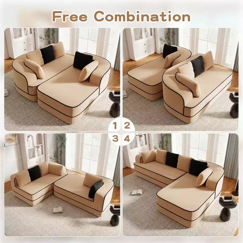 106 Teddy Fabric No Assembly 32D Boneless Sofa, Contrast Color Design, Fluffy Comfy Couch with L-Shaped Chaise, for Living Room