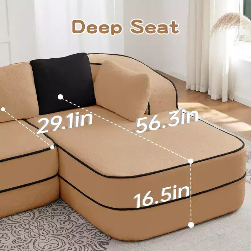 106 Teddy Fabric No Assembly 32D Boneless Sofa, Contrast Color Design, Fluffy Comfy Couch with L-Shaped Chaise, for Living Room