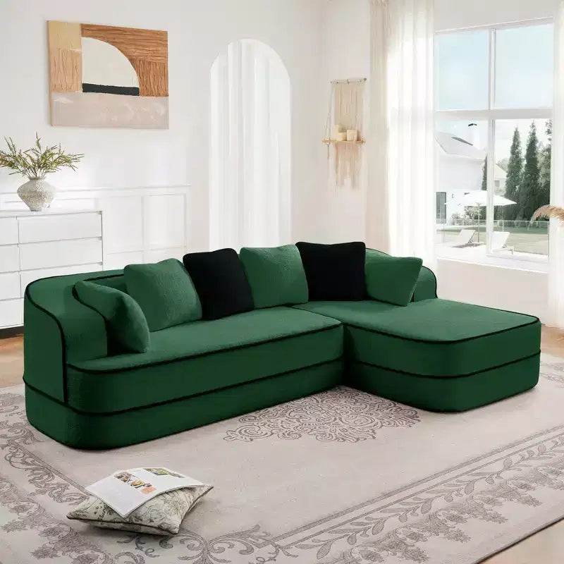 106 Teddy Fabric No Assembly 32D Boneless Sofa, Contrast Color Design, Fluffy Comfy Couch with L-Shaped Chaise, for Living Room