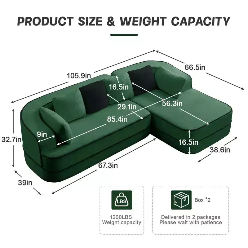 106 Teddy Fabric No Assembly 32D Boneless Sofa, Contrast Color Design, Fluffy Comfy Couch with L-Shaped Chaise, for Living Room