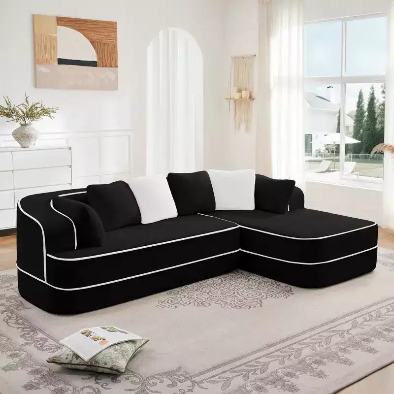 106 Teddy Fabric No Assembly 32D Boneless Sofa, Contrast Color Design, Fluffy Comfy Couch with L-Shaped Chaise, for Living Room
