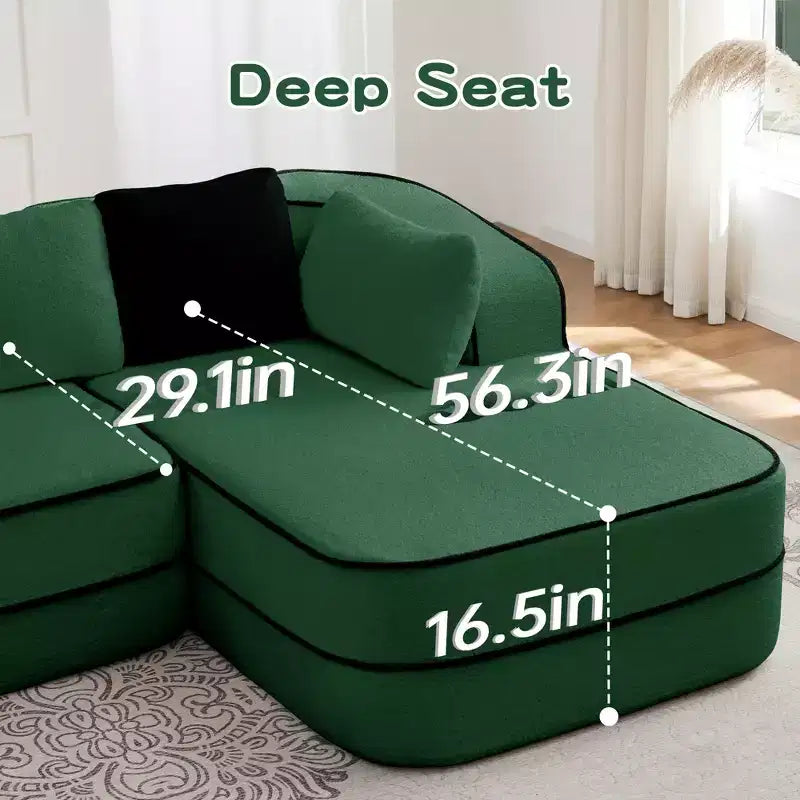 106 Teddy Fabric No Assembly 32D Boneless Sofa, Contrast Color Design, Fluffy Comfy Couch with L-Shaped Chaise, for Living Room