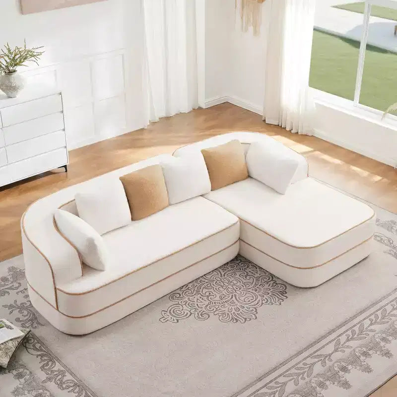 106 Teddy Fabric No Assembly 32D Boneless Sofa, Contrast Color Design, Fluffy Comfy Couch with L-Shaped Chaise, for Living Room