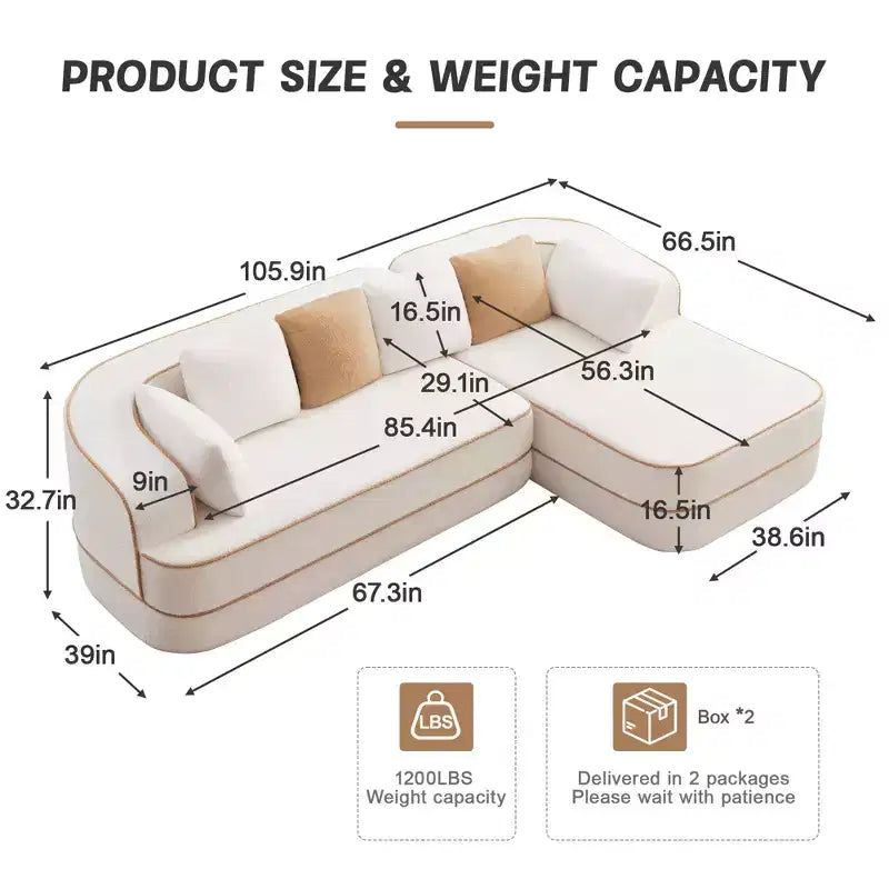 106 Teddy Fabric No Assembly 32D Boneless Sofa, Contrast Color Design, Fluffy Comfy Couch with L-Shaped Chaise, for Living Room