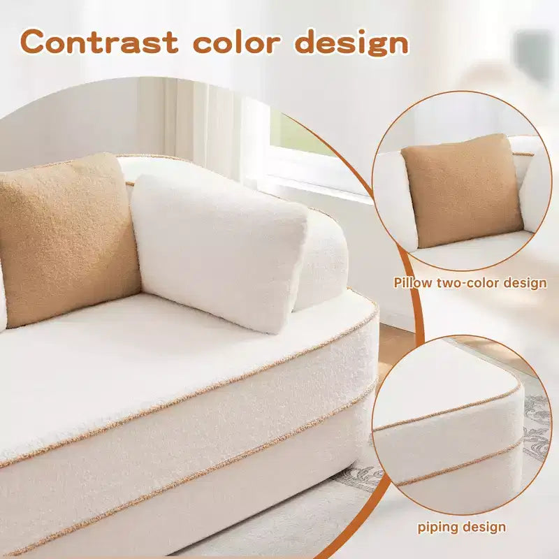 106 Teddy Fabric No Assembly 32D Boneless Sofa, Contrast Color Design, Fluffy Comfy Couch with L-Shaped Chaise, for Living Room