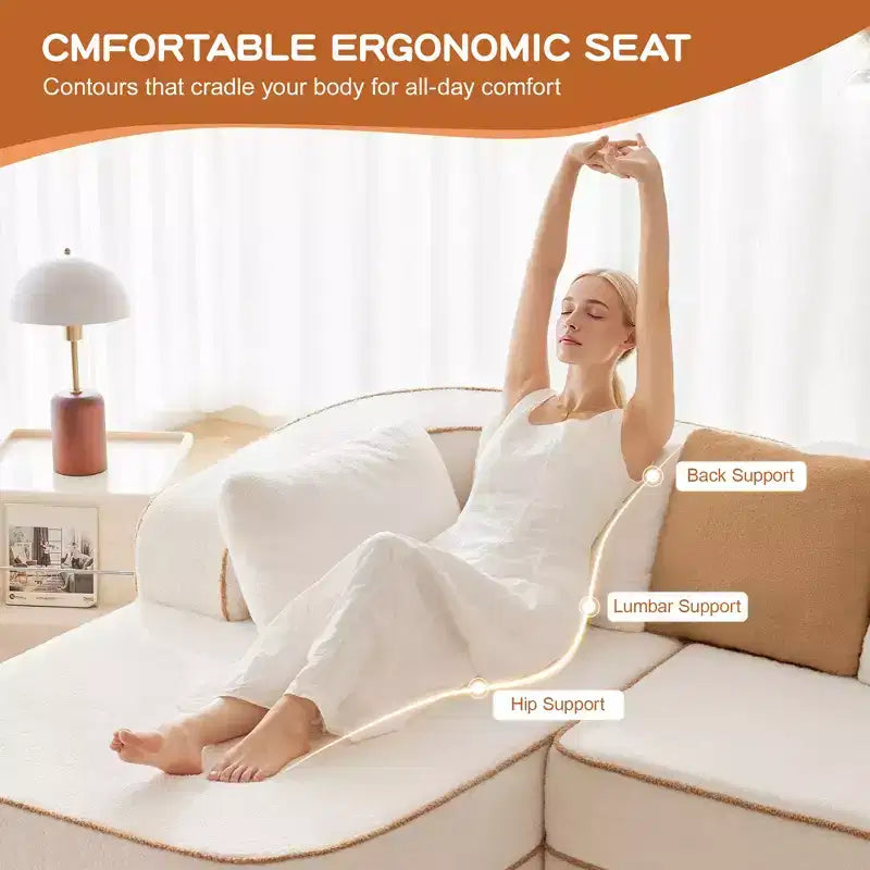 106 Teddy Fabric No Assembly 32D Boneless Sofa, Contrast Color Design, Fluffy Comfy Couch with L-Shaped Chaise, for Living Room