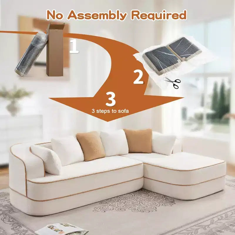 106 Teddy Fabric No Assembly 32D Boneless Sofa, Contrast Color Design, Fluffy Comfy Couch with L-Shaped Chaise, for Living Room