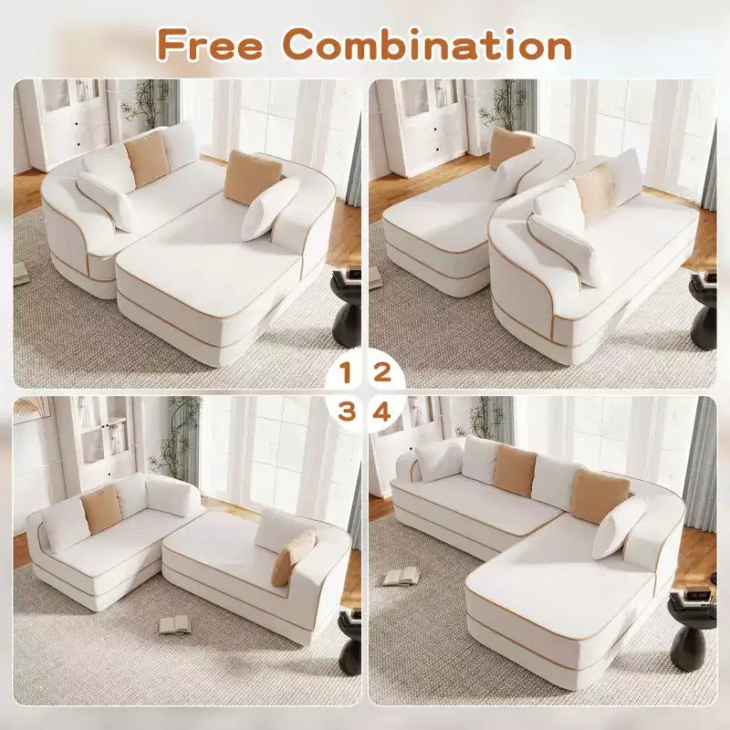 106 Teddy Fabric No Assembly 32D Boneless Sofa, Contrast Color Design, Fluffy Comfy Couch with L-Shaped Chaise, for Living Room