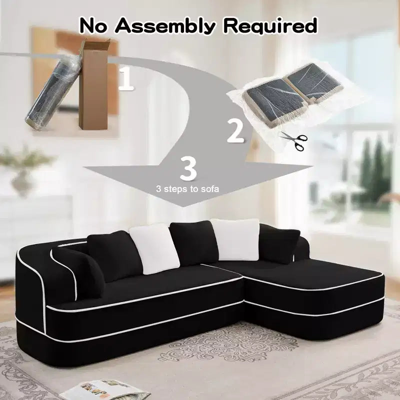 106 Teddy Fabric No Assembly 32D Boneless Sofa, Contrast Color Design, Fluffy Comfy Couch with L-Shaped Chaise, for Living Room