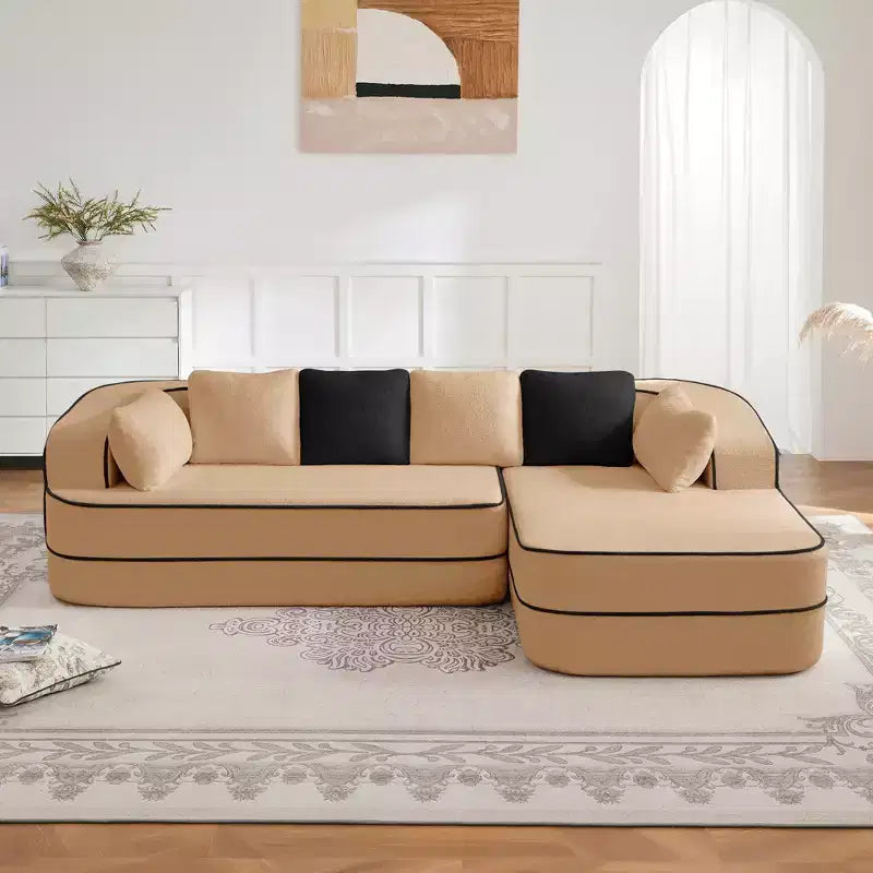 106 Teddy Fabric No Assembly 32D Boneless Sofa, Contrast Color Design, Fluffy Comfy Couch with L-Shaped Chaise, for Living Room