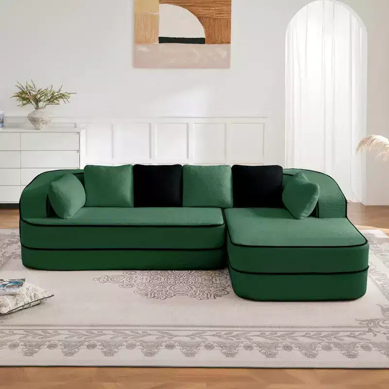 106 Teddy Fabric No Assembly 32D Boneless Sofa, Contrast Color Design, Fluffy Comfy Couch with L-Shaped Chaise, for Living Room