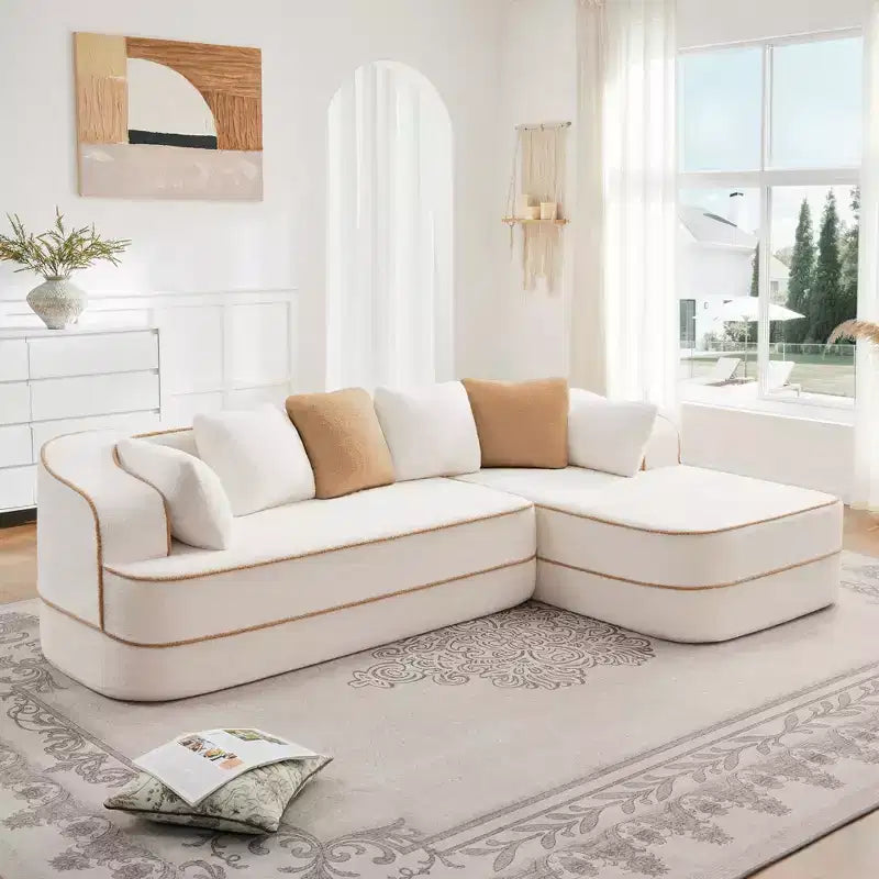 106 Teddy Fabric No Assembly 32D Boneless Sofa, Contrast Color Design, Fluffy Comfy Couch with L-Shaped Chaise, for Living Room