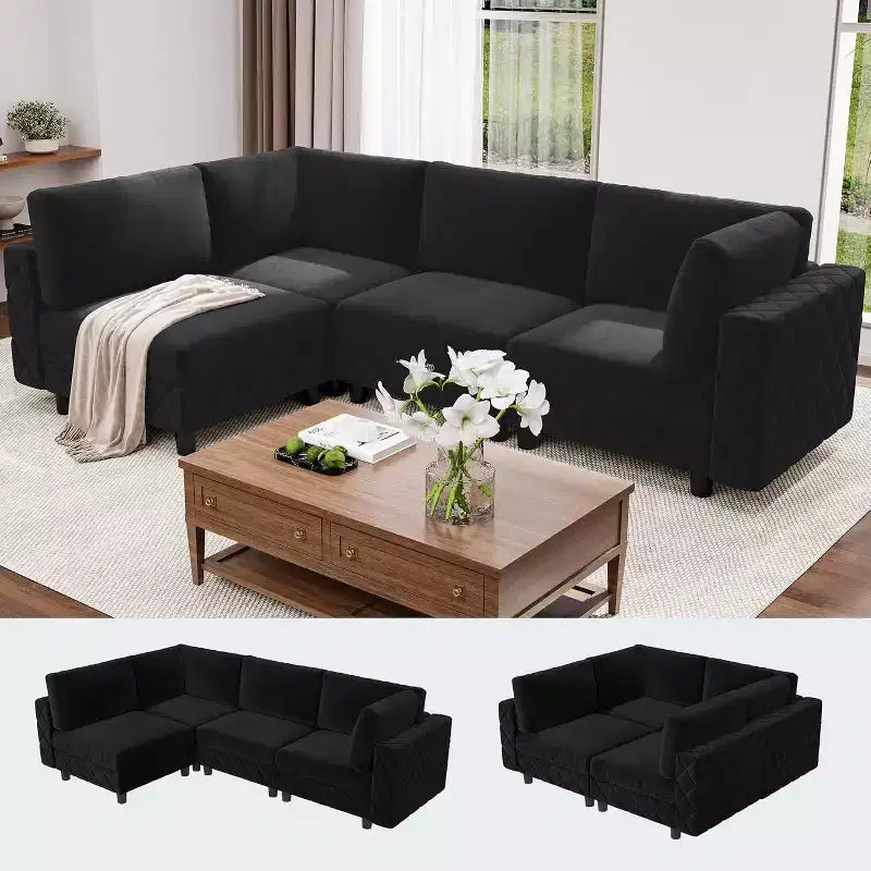 134" Sofa, 4-Seat Velvet Couch with High-Density Cushions, Upholstered Cloud Sofa