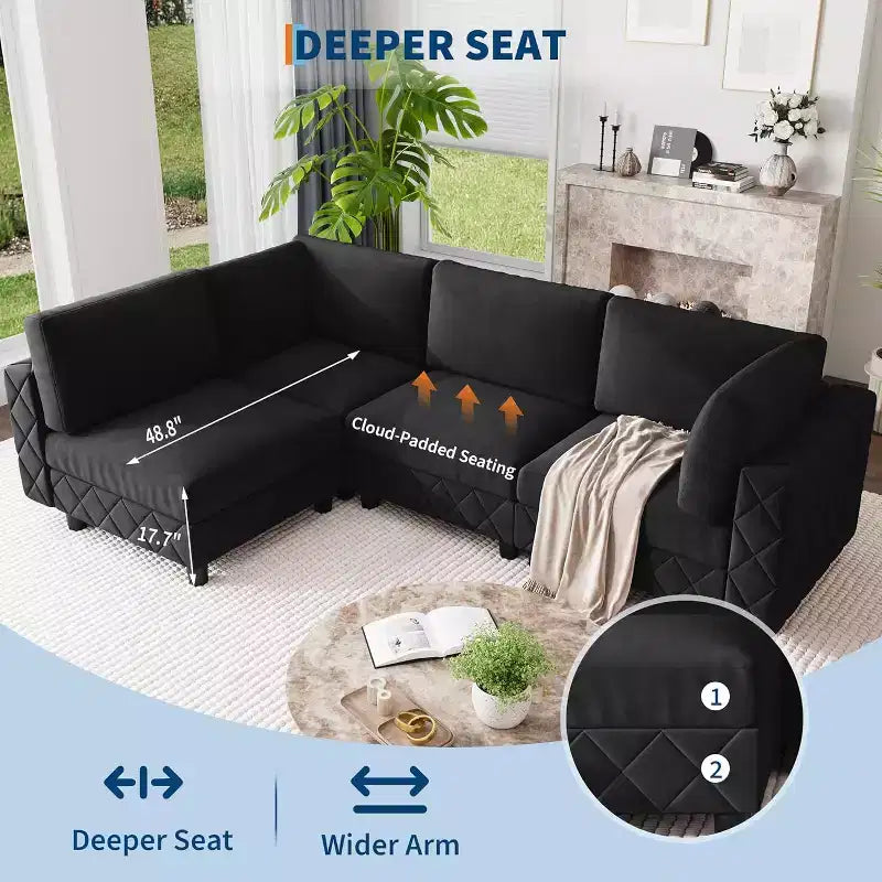 134" Sofa, 4-Seat Velvet Couch with High-Density Cushions, Upholstered Cloud Sofa