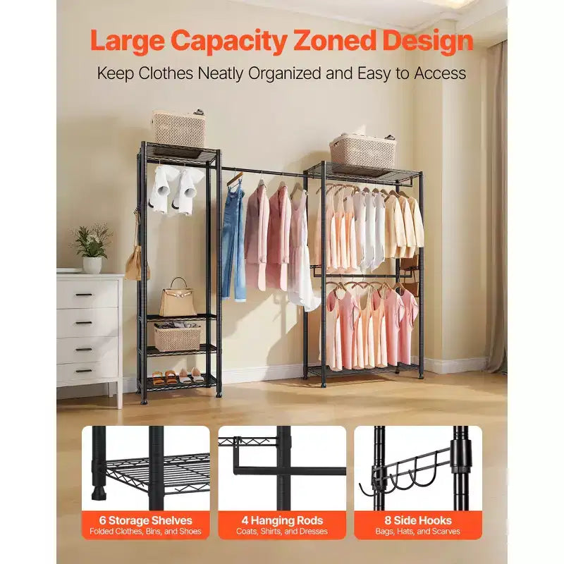 Clothing Garment Rack, Heavy Duty Clothes Rack, Freestanding Clothes Rack with Steel Frame, 800 lbs Load Capacity with Storage Shelves, Black