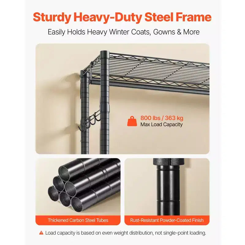 Clothing Garment Rack, Heavy Duty Clothes Rack, Freestanding Clothes Rack with Steel Frame, 800 lbs Load Capacity with Storage Shelves, Black