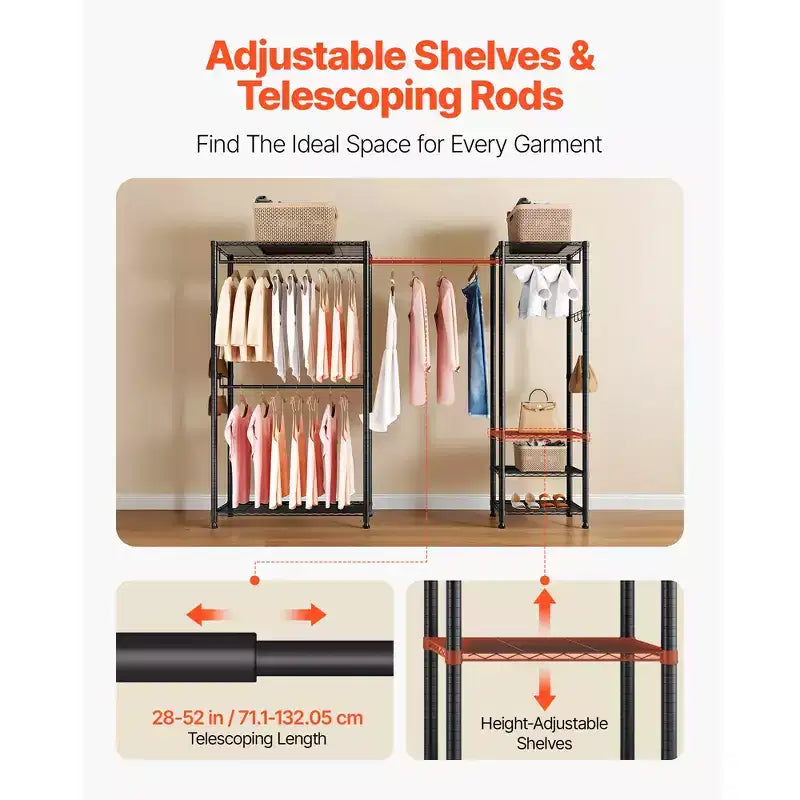Clothing Garment Rack, Heavy Duty Clothes Rack, Freestanding Clothes Rack with Steel Frame, 800 lbs Load Capacity with Storage Shelves, Black