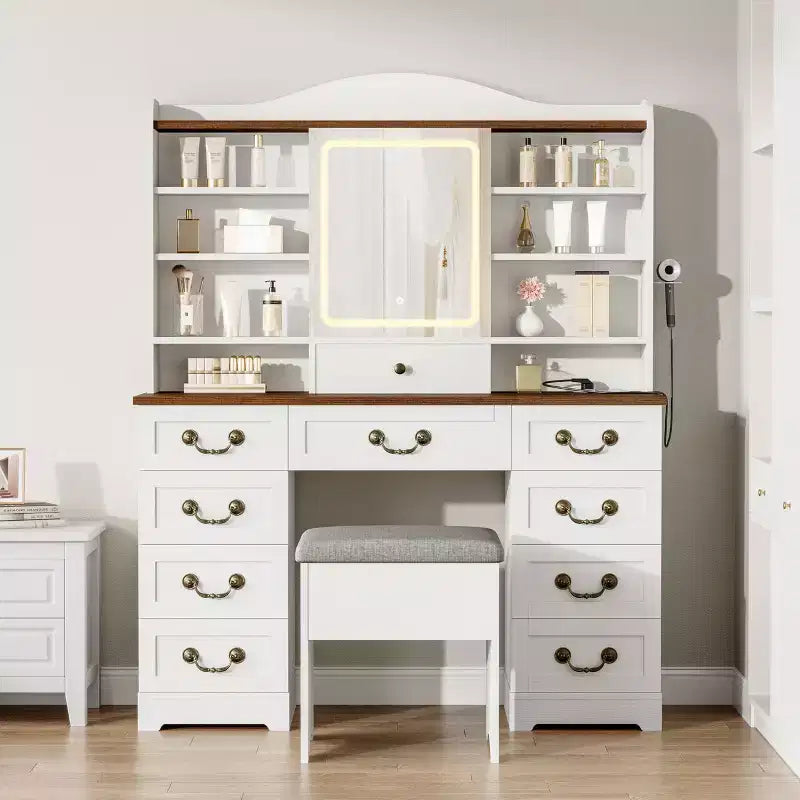 Coiffeuse de 119 cm avec miroir et lumières, grande table de maquillage avec 10 tiroirs et 8 espaces de rangement ouverts