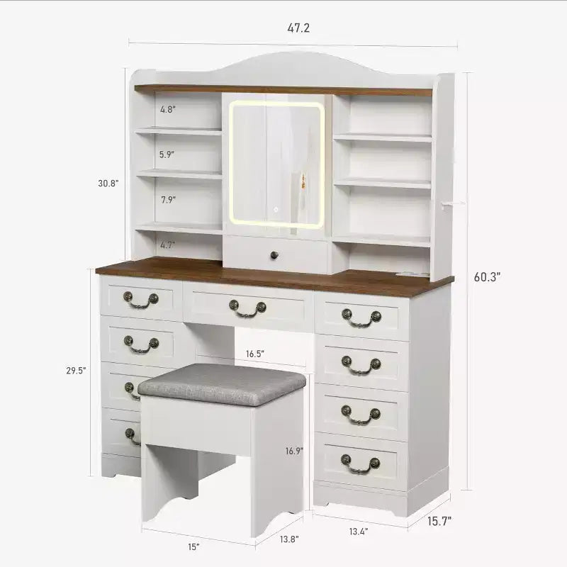 Coiffeuse de 119 cm avec miroir et lumières, grande table de maquillage avec 10 tiroirs et 8 espaces de rangement ouverts