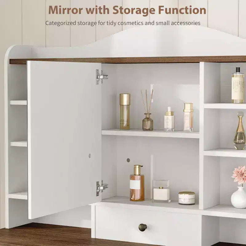 Coiffeuse de 119 cm avec miroir et lumières, grande table de maquillage avec 10 tiroirs et 8 espaces de rangement ouverts