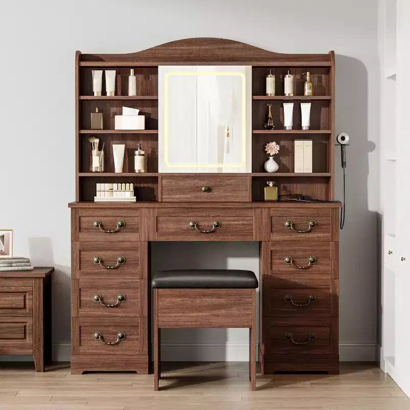 47 Makeup Vanity Desk with Mirror and Lights, Large Dressing Table with 10 Drawers & 8 Open Storage