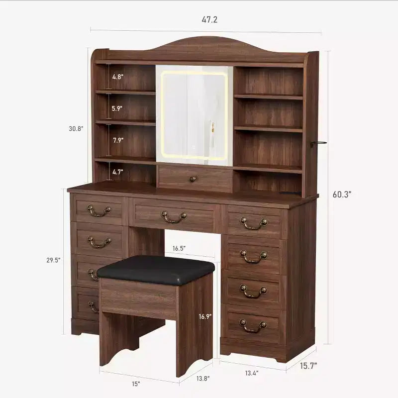 47 Makeup Vanity Desk with Mirror and Lights, Large Dressing Table with 10 Drawers & 8 Open Storage