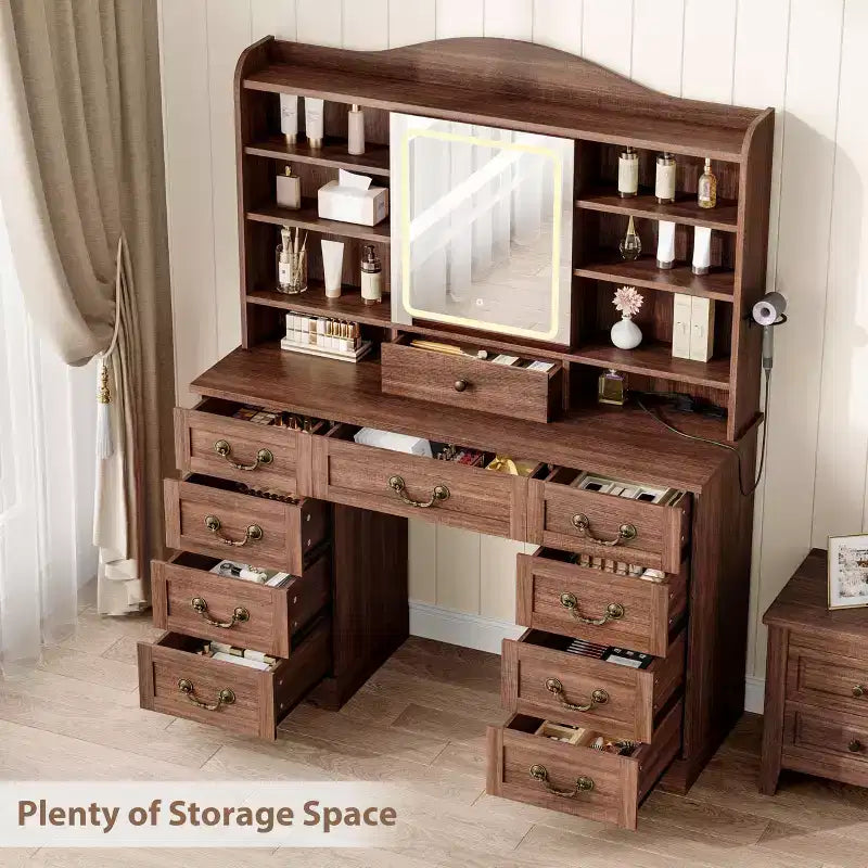Coiffeuse de 119 cm avec miroir et lumières, grande table de maquillage avec 10 tiroirs et 8 espaces de rangement ouverts