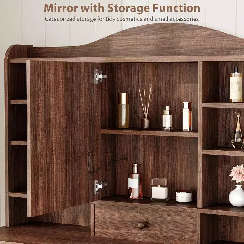Coiffeuse de 119 cm avec miroir et lumières, grande table de maquillage avec 10 tiroirs et 8 espaces de rangement ouverts