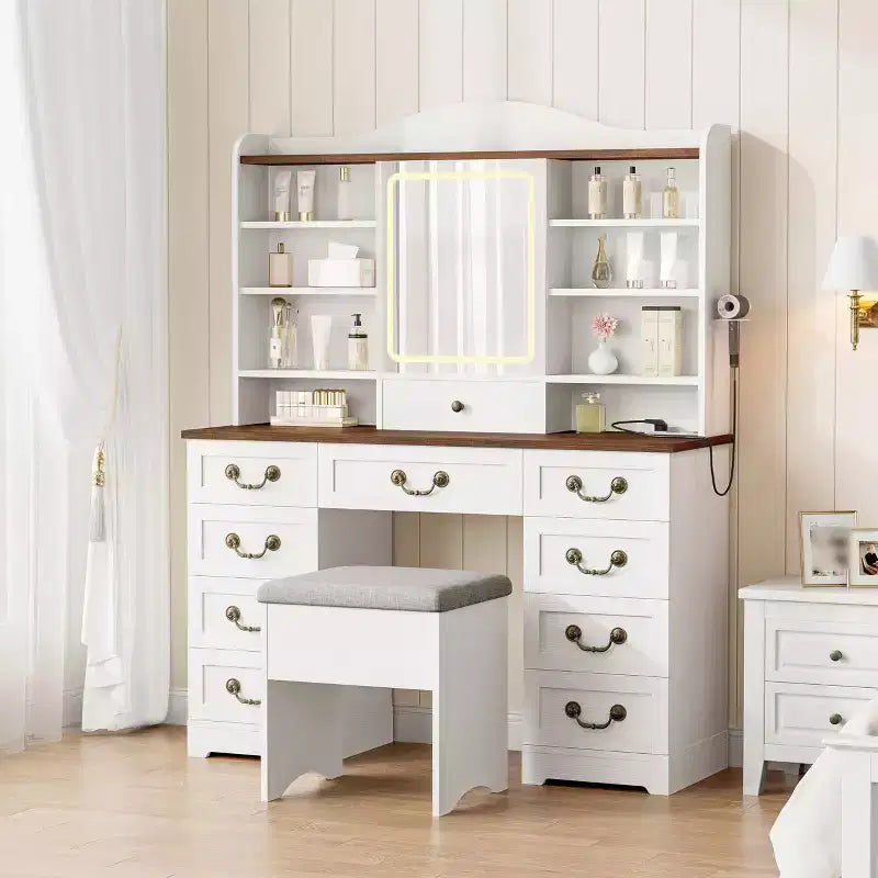 47 Makeup Vanity Desk with Mirror and Lights, Large Dressing Table with 10 Drawers & 8 Open Storage