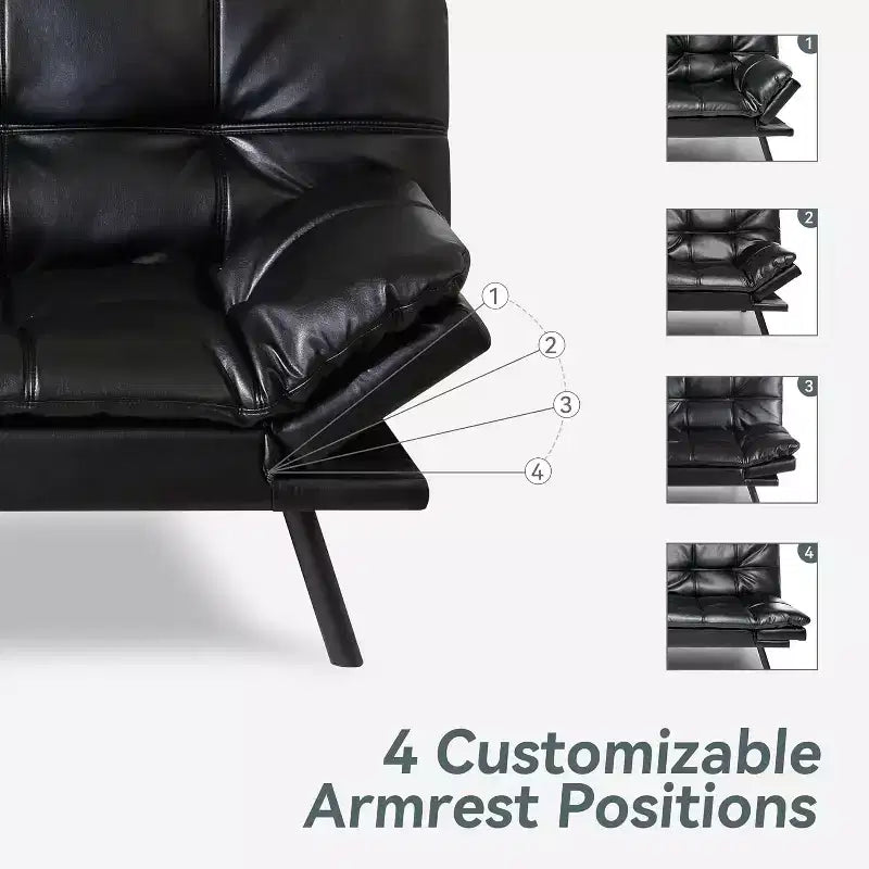 Faux Leather Sofa Bed with Memory Foam, Adjustable Backrest & Armrests, Multifunctional Small Loveseat Sleeper Sofa