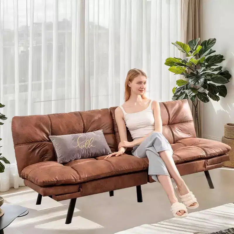 Faux Leather Sofa Bed with Memory Foam, Adjustable Backrest & Armrests, Multifunctional Small Loveseat Sleeper Sofa