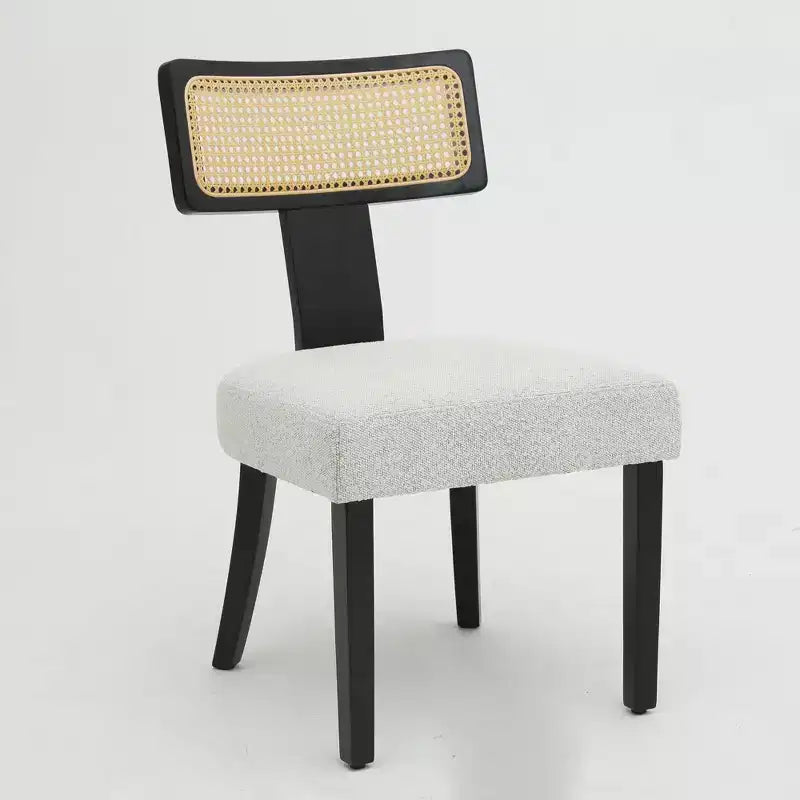 Upholstered Dining Chair with Rattan Back and Black Wood Frame, Beige Fabric