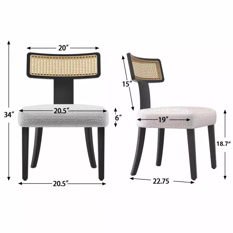 Upholstered Dining Chair with Rattan Back and Black Wood Frame, Beige Fabric