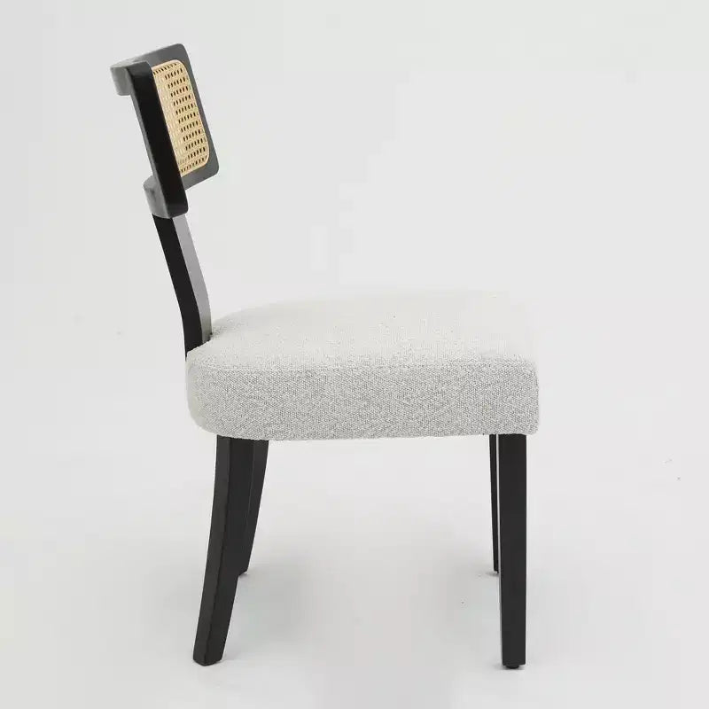 Upholstered Dining Chair with Rattan Back and Black Wood Frame, Beige Fabric