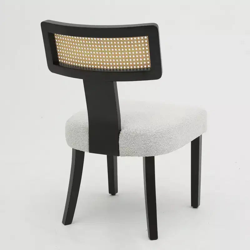Upholstered Dining Chair with Rattan Back and Black Wood Frame, Beige Fabric