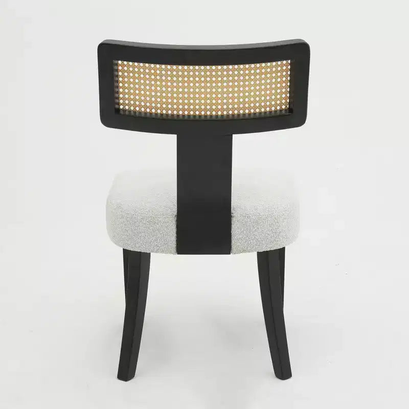 Upholstered Dining Chair with Rattan Back and Black Wood Frame, Beige Fabric