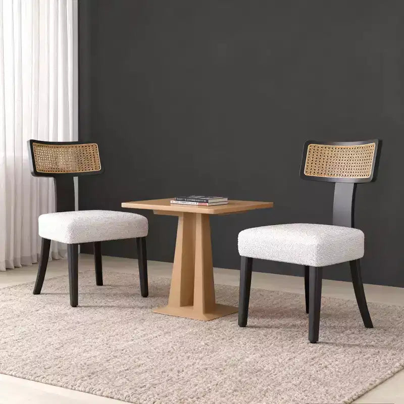 Upholstered Dining Chair with Rattan Back and Black Wood Frame, Beige Fabric