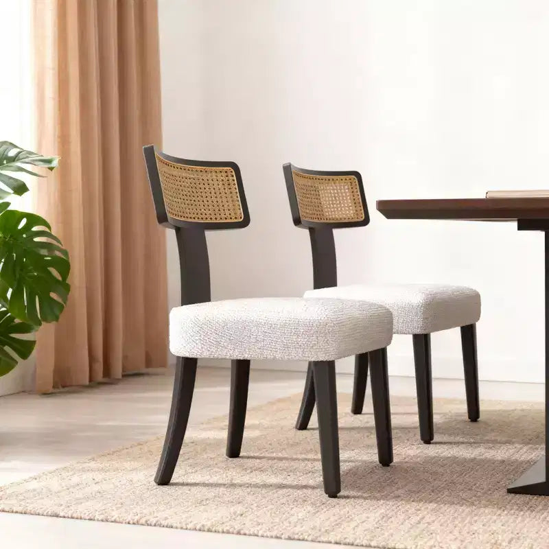 Upholstered Dining Chair with Rattan Back and Black Wood Frame, Beige Fabric