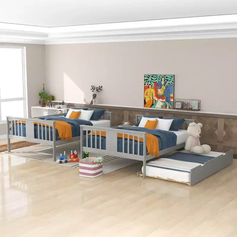 Lit superposé double sur double avec lit gigogne simple, cadre de lit superposé en bois double pour enfants, adolescents et adultes