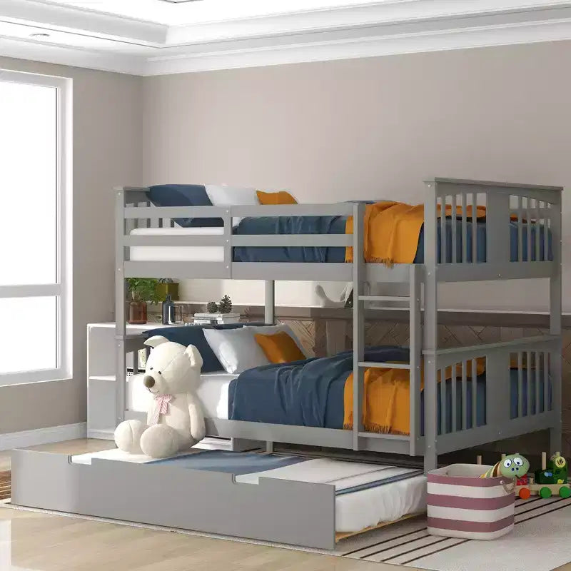 Lit superposé double sur double avec lit gigogne simple, cadre de lit superposé en bois double pour enfants, adolescents et adultes