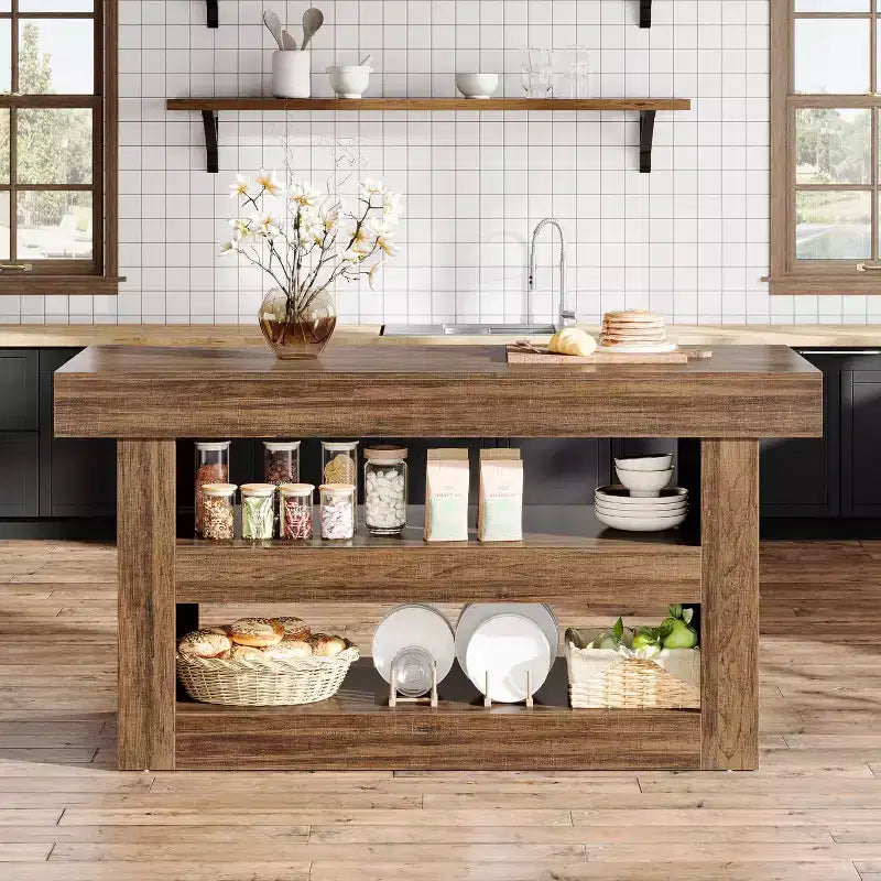 55 Îlot de cuisine avec grand plan de travail, meuble de rangement en bois pour bar à café pour salle à manger